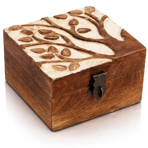 Tolles Geburtstagsgeschenk handgefertigte dekorative hölzerne Schmuckschatulle mit Baum des Lebens Carving & Lock & Key Schmuck Organizer Aufbewahrungskasten Treasure Brust Schmuckhalter (White)