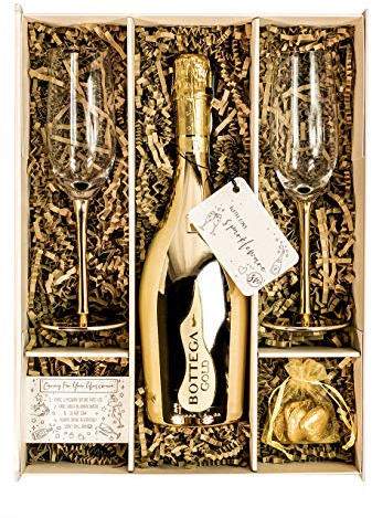 Bottega Gold Prosecco DOC 75cl Gift Set Hamper With 2 Metallic Gold Champagne Flutes, Chocolates And Gift Box - Anniversary, Thank You Gift For Him and Her (Metallic Stems)