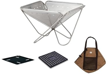 Snow Peak Kamin-Starterset, groß, tragbare Feuerstelle aus Edelstahl, Kohlenbett, Grundplatte und Tragetasche aus Segeltuch, für Camping und Kochen im Freien