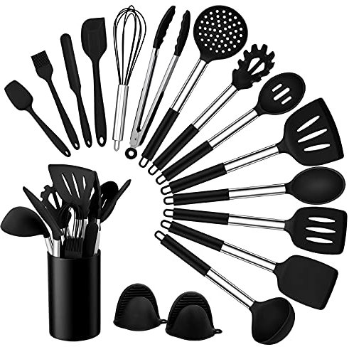 Homikit Küchenhelfer Set, 17 Stück Silikon küchenutensilien Kochutensilien Set, Antihaft Hitzebeständiger Kochbesteck Set mit Edelstahlgriff, Gesund & Langlebig, Spülmaschinengeeignet, Schwarz