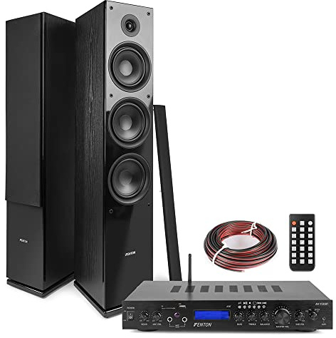 Fenton SHF80B Floor Standing HiFi Speaker System with AV-150BT Bluetooth Amplifier, 500W 3-Way Tower Speakers, Home Theatre Stereo Set, MP3, USB, Remote Control Included - Black