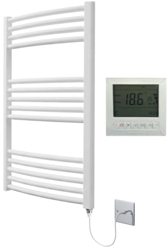 Greened House Milano WHITE Curved Electric Towel Rail W500mm x H800mm Curved Electric Towel Radiator With Timer