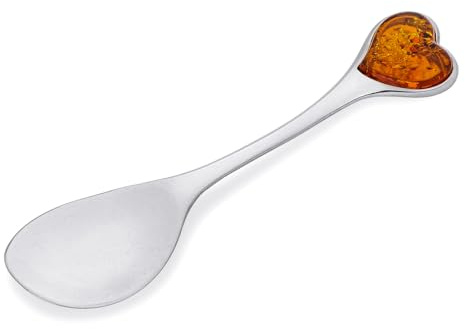 AMBEDORA Cuchara Tamaño L, Plata de Ley Pulida Corazón de Ámbar Báltico Cuchara Grande de Plata con Corazón de Ámbar, Regalo para Bautizo Boda Aniversario Cumpleaños