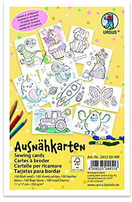 Ursus 28320099F - Ausnähkarten für Kinder, 100 weiße Stickkarten mit vorgedruckten Motiven zum Aussticken und Ausmalen, ca. 11 x 17 cm groß, Weiß