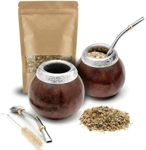 BALIBETOV Set of Two Yerba Mate Gourd and One Pack of 100gr - 3.5OZ of Yerba Mate - Yerba Mate Cup Argentina - 2 Mate Tea Cup, 2 Bombilla, 1 Cleaning Brush, 1 Loose Leaf Yerba Mate bag (DARK BROWN)