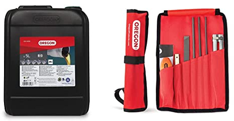 Oregon Olio Biologico per la Catena della Motosega, Lubrificante e Biodegradabile, Tanica da 5 L & Kit Di Affilatura Universale Per Motosega, Include Lime Tonde Da 5/32 Pollici, ‎Rosso Nero