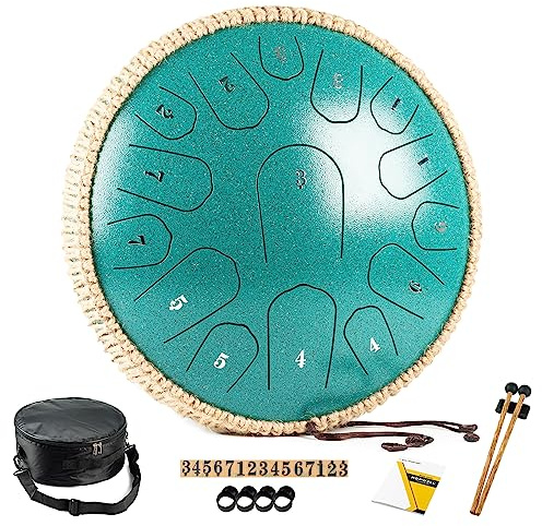 HOPWELL Steel Tongue Drum - 13 Inches 15 Notes Tongue Drum - Hand Pan Drum with Music Book, Handpan Drums Mallets and Carry Bag, D Major (Malachite Green)