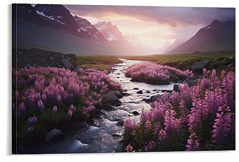 FOCCAR Leinwand-Kunst, schöne Landschaft, Wanddekorationen für Wohnzimmer, Natur, Bergbach, violette Blumen, zum Aufhängen von Bildern, Wandkunst