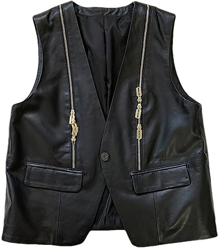 Hdhdeueh Damen Weste Schaffell Leder Weste Casual Reißverschluss V-Ausschnitt Einknopf Kurze Westen, 2109 Schwarz, 42