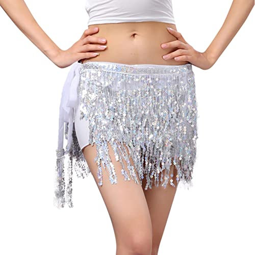 Bauchtanz Rock Damen mit Pailletten Quasten Bauchtanzrock Hüfttuch Lateinischer Tanz Glitzer Pailettenrock Belly Dancer Röcke für Karneval Kostüm Fasching Party Nachtclub Tanzen Show Cosplay