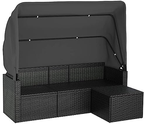 Makastle Gartensofa mit Dach & Fußhocker, Klein Sitzgruppe Gartenlounge Sofa Gartenbank Gartenmöbel für Balkon & Terrasse, Schwarz Poly Rattan