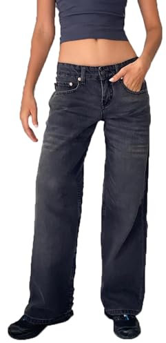Vaqueros Elásticos con Corte Boyfriend Holgado Pantalones de Mujer con Tira de Botones Cintura Baja Vaqueros Anchos para Mujer Vaqueros Acampanados Rectos Vintage Vaqueros Azules(Black,S)