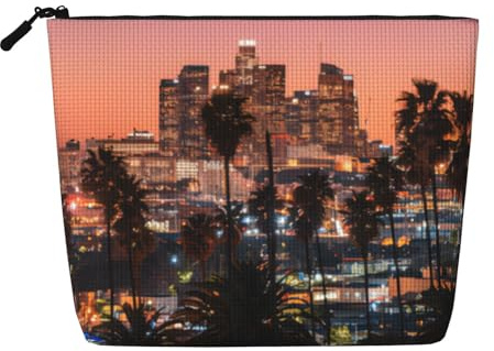 QGWDYYJQ Los Angeles Palm Trees Printed Fake Hemp Makeup Bag Daily Storage Bag Travel Toiletry Bag