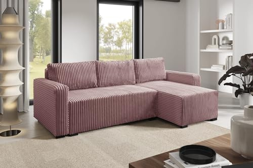 LIKMA Schmutziges Rosa Ecksofa Cord Tilia 232x145 cm mit Schlaffunktion (200x140 cm) Eckcouch mit Bettkasten Wohnlandschaft mit Bettkasten Cord Bettsofa mit Stauraum Polstermöbel Sofa 3 Sitzer