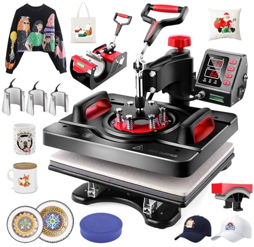 8 in 1 Heißpresse Hitzepresse 15x12 Transferpresse 360 Grad Schwenkbar DIY Mulitifunktional Sublimation Heat Press Wärmepresse für T-Shirts, Hüte, Tassen, Teller usw und HTV-Vinylprojekte