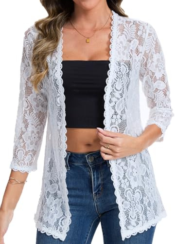 HAWILAND Bolero - Cárdigan elegante para mujer, para vestidos de noche, cárdigan de encaje, manga 3/4, Blanco, S