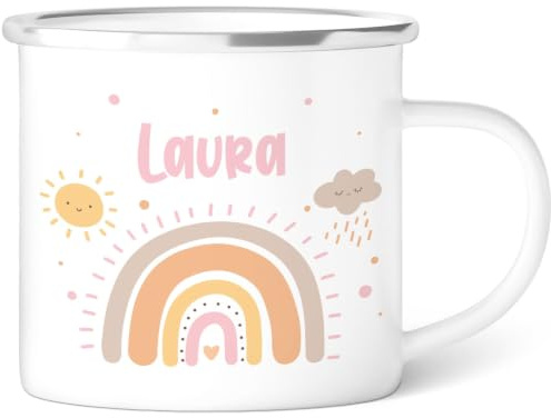 GRAVURZEILE Emaille Tasse für Kinder - Kindermotive - Personalisiert mit Namen - 8 versch. Motive - 300 ml - Trinkbecher für Kinder - Geschenk für Jungen & Mädchen - Farbe: Regenbogen Pastell Rosa