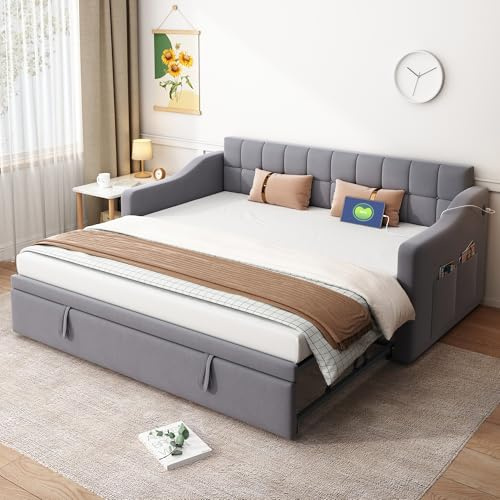 Multifunktionsschlafsofa 90/180x200 mit Steckdose & Aufbewahrungstasche, Tagesbett mit Ausziehbett Gleiche Höhe, Bett Ausziehbar zum Doppelbett,Gästebett Sofabett Jugendbett mit Lattenrost,Samt,Grau
