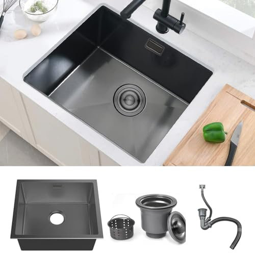 Fregadero de cocina negro de 50 x 45 cm, pequeño, de acero inoxidable, de una cubeta, para exterior, para autocaravana, con rebosadero y escurridor, instalación bajo encimera, montaje superior y emp