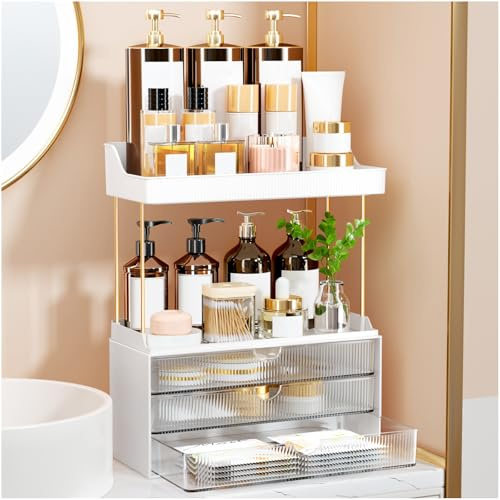 OrderlyGo Makeup Organiser - Upgrade 2 Tier 3 Drawers Large Vanity Organisers, Versatile Cosmetic Storage, Exquisite Bathroom Organiser Storage, Skincare Manager, Dressing Table Organisers, Clear
