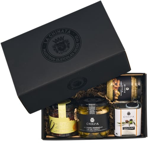 La Chinata Cesta Gourmet S| Aceite de Oliva Virgen Extra 100ml, Crema de Aceitunas Verdes y Almendras, Aceitunas Manzanilla Ajo y Romero, Nueces Pecanas con AOVE Miel Vainilla y Pimenton | Regalos
