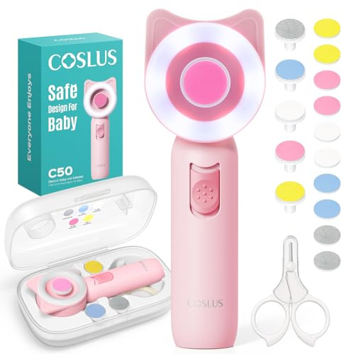 COSLUS C50 lima eléctrica para bebé con luz LED 360°, set 16 en 1 para recién nacidos, manicura y pedicura infantil, silenciosa, ideal para casa y viajes, Rosa