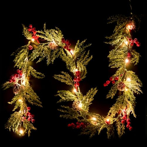 1.8 Meter Girlande Weihnachten, Weihnachtsgirlande mit Beleuchtung,2M Lichtkette 20 Kleine Glühbirne 170 Roten Beeren,Realistische Grünen Blättern und Schnee, Saisonale Deko Wohnzimmer (Style 5)