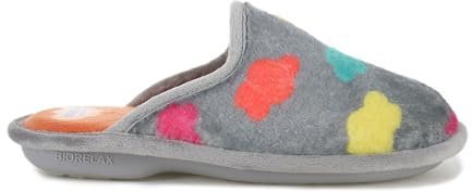 Biorelax Zapatillas de Casa con Nubes de Colores, Gris, Felpa Suave, Suela Interior Confort (Gris, mediano, Sistema tallas calzado EU, Adulto, Mujer, Números, mediano, 36)