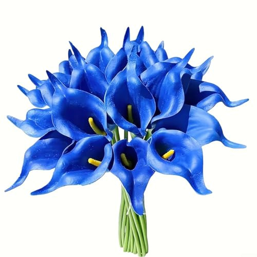 Flores artificiales de lirio de cala sintética de poliuretano, 10 piezas para ramos de boda, arreglos de jarrones y decoración del hogar con tallos de plástico flexibles (azul)