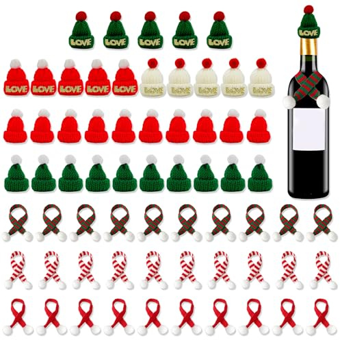JNYUTEEN 65 Stück Mini Weihnachtsmütze Und Schal Set, Kleine Weihnachtsmützen Weinflasche Abdeckung, Mini Mützen Zum Basteln Nikolausmützen für Flaschen Weihnachten Dekoration