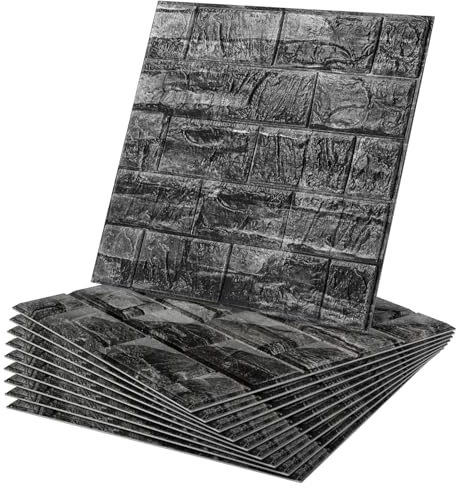WADILE Peel and Stick 3D Wall Panels 12x12 Aluminum Foil Backing, Waterproof Self-Adhesive Wall Tiles for Kitchen Bathroom Living Room, Black PVC Wall Decor – 10 Pack