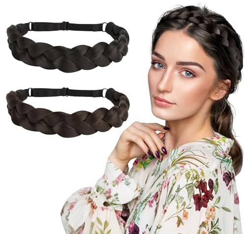 2 Stück Damen Geflochten Stirnband Haarband 3 Stränge Schwarz Braun Verstellbarer geflochtener Stirnbänder Synthetisches Haar Zopf Haarband für Hochzeit Festival