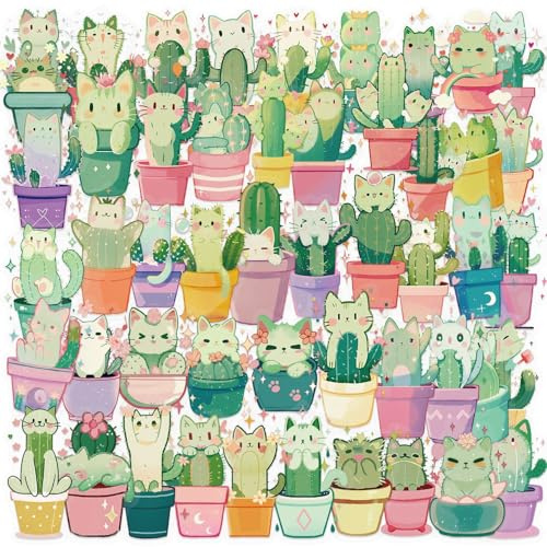 50PCS Cat Cactus Stickers for Luggage,Bumper,Helmet,Notebook,Laptop,Water Bottle,Cute Green Potted Plant Waterproof Vinyl Sticker,Girls Adults Decal,Animal Cartoon Aesthetic Graffiti Decals
