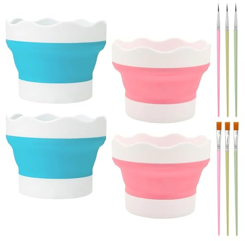 LCFVOFU 4 Pcs Collapsible Paint Brush Washer with Paint Brushes, Portable Silicone Washing Bucket, Mini Foldable Water Pot Brush Cleaner for Watercolor Oil Painting(Pink, Blue)