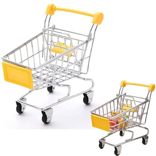 1Pc Yellow Mini Shopping Cart Small Supermarket Cart, Dollhouse Model Decorative Ornament, Metal Shopping Utility Supermarket Handcart Trolley Desk Storage Toy Holder 4.7 in.