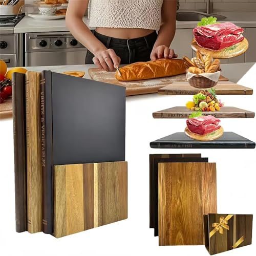 Set di 3 taglieri per libri con supporto, taglieri in legno massello di acacia che sembrano libri, set da taglio decorativo in legno da cucina, per carne, verdure, pane e formaggio