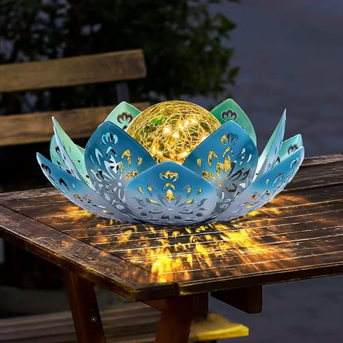 Solar Lampe Outdoor Gartendeko Ausolee,Garten Deko draußen, Wasserdichte Ausgehöhlt Solar Lotusblüten Lampe Gartendeko,Crack Glaskugel Deko (Blau)