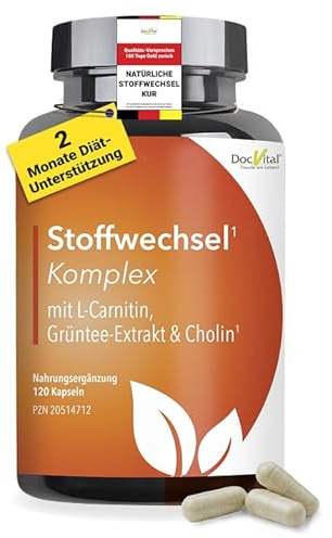DocVital® Stoffwechsel Komplex, 120 vegane Kapseln mit Glucomannan | Grüntee-Extrakt mit 200 mg EGCG, L-Carnitin & Guarana, Stoffwechsel Booster, Cholin, Vitamin B6, Ingwerextrakt