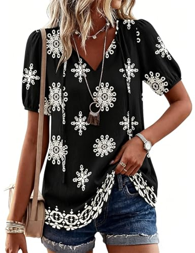 ABINGOO Camisa Verano Mujer Manga Corta Cuello en V Elegante Bohemia Blusa Holgada Casual Camiseta Playa(Negro,XL)