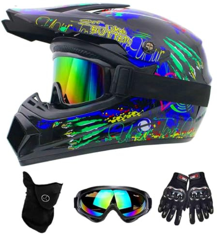 Motocross Fullface MTB Helm, Downhill Motorradhelm Kinder, Helm Set Herren ATV Motorradhelm mit Handschuhe Maske Brille, Jugend Motorradhelme