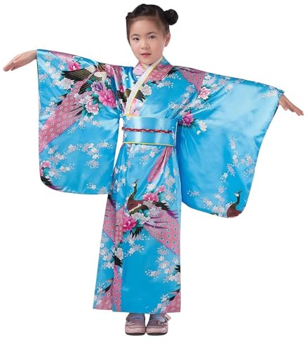 Japansk Kimonoklänning Sidenmaterial Med Blommönster Kulturell Rock | Japansk Klänning Barndräkt för Födelsedag Drama Scen Samling Fest för Barn 2-10 År Barnkläder