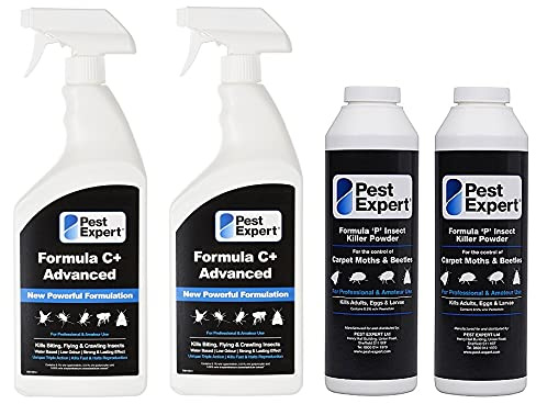 Pest Expert Formula 'C' Carpet Beetle Killer Spray 2 x 1ltr and Formula 'P' Carpet Beetle Killer Powder XL pack size 2 x 300g (HSE approved and tested - professional strength product)