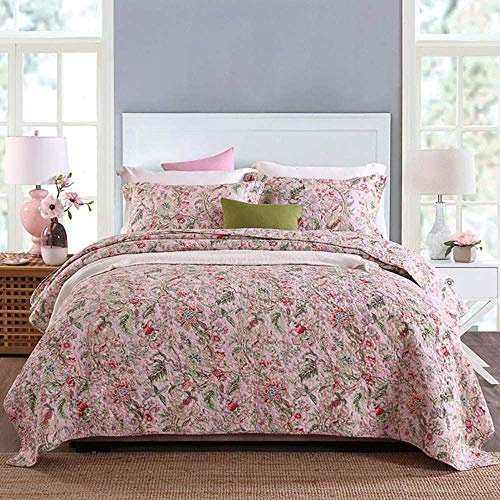 Doppelte Tagesdecke Quilt Bettüberwurf 100% Baumwolle Bettwäsche 3 Stück Print Gesteppte Bedspread Multifunktions Vier Jahreszeiten Klimaanlage Decke Kissenbezug,Pink-King:230X250cm+50X70cmX2