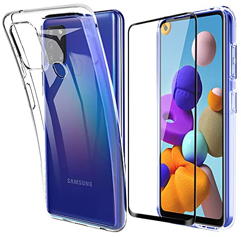 Lifeacc Handyhülle Kompatibel mit Samsung Galaxy A21s & 3D Glas Schutzfolie, Dünn Silikon Transparent Schutzhülle für Samsung A21s