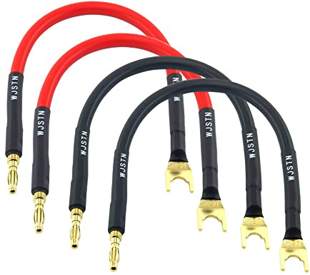 WJSTN 8 in HiFi Banana Plug to Spade Speaker Jumper, 45 Degree U Plug to Banana Plug Connection Cable-4 Pack