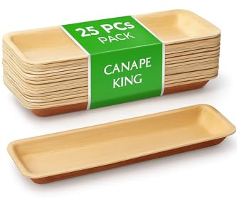 Canape King 25PCS Disposable Serving Platter - Rectangular Long (33cm x 9cm) Wooden Tray - Eco-Friendly Charcuterie Board Hot Food Serving Trays for Starters Wedding Parties Picnic
