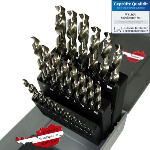 WELIQU Metallbohrer Set HSS-G M2 - Spiralbohrer Set - 25-teilig - Hochwertige Bohrer - 1-13mm, 0,5mm Schritte - Selbstzentrierend für Stahl, Eisen, Alu, Messing, Bronze, Gusseisen usw.