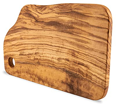Schneidebrett 28x 15 cm aus Olivenholz - auch als Servierplatte geeignet - mit glattem Rand und Lochung zum Aufhängen - Griechenland (Rustikales Schneidebrett)