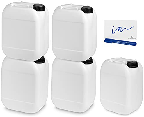 MARKESYSTEM - Garrafa bidón plástico HPDE (10 Litros) PACK 5 Uds + Kit Etiquetado - Rosca boca ancha - Homologada ADR - Apilable. Apta uso alimentario. Ideal como depósito líquidos y químicos