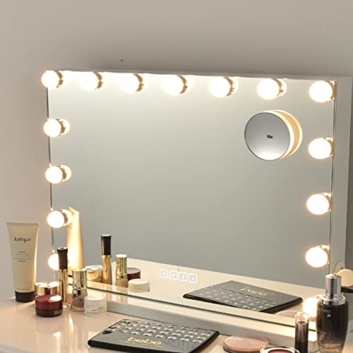 RELAX4LIFE Espejo Maquillaje con Luz LED Regulables de 3 Colores, Puerto de Carga USB, 2 Parlantes y Aumento 10X, Espejo Tocador con Control Táctil Inteligente, Montado Mesa o Pared